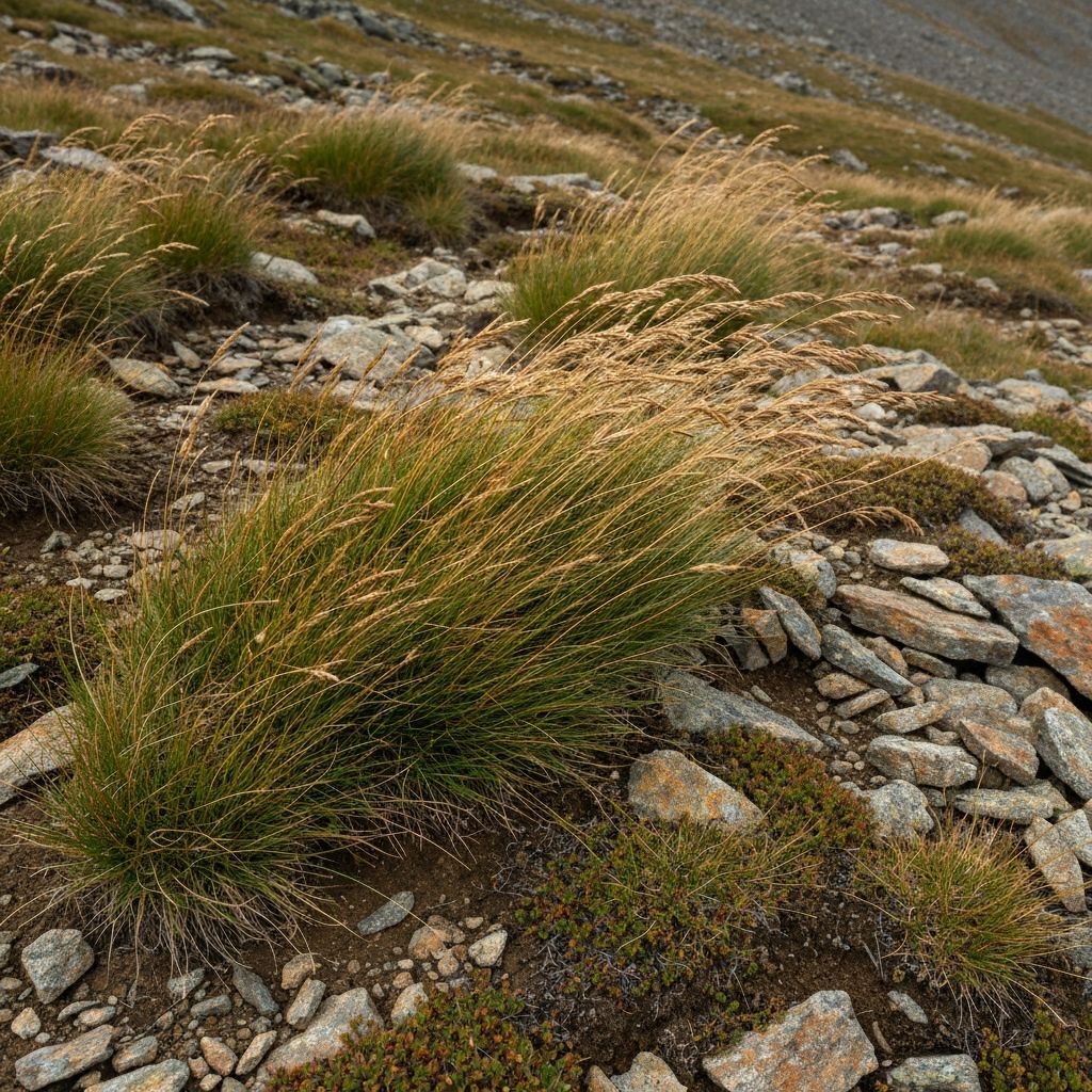 Hardy alpine herbs and grasses demonstrating natural resilience on rocky mountain terrain
