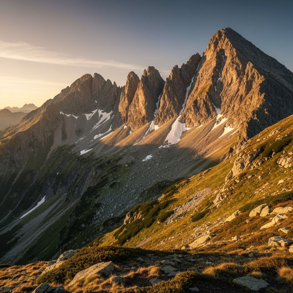 Alpine mountain landscape with rugged peaks and hardy vegetation